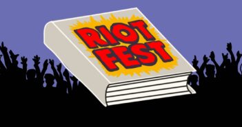 The graphic shows a gray book with the words "Riot Fest" printed on it in red.