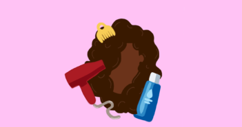 Graphic showing a person with curly hair, conditioner and a hair dryer.