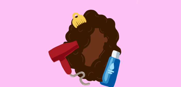 Graphic showing a person with curly hair, conditioner and a hair dryer.