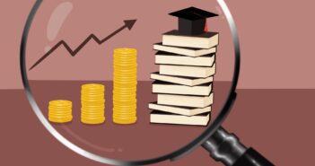 Graphic picturing a stack of books with a grad cap. An arrow and a stack of gold coins represents the rising costs.