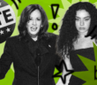 Charli XCX and Kamala Harris are in black and white over a lime green background inspired by the brat the album