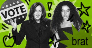 Charli XCX and Kamala Harris are in black and white over a lime green background inspired by the brat the album