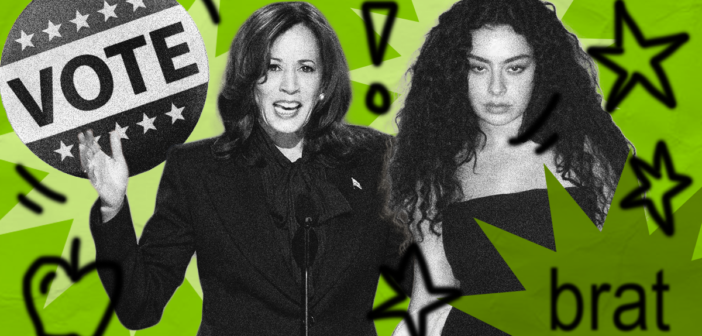 Charli XCX and Kamala Harris are in black and white over a lime green background inspired by the brat the album